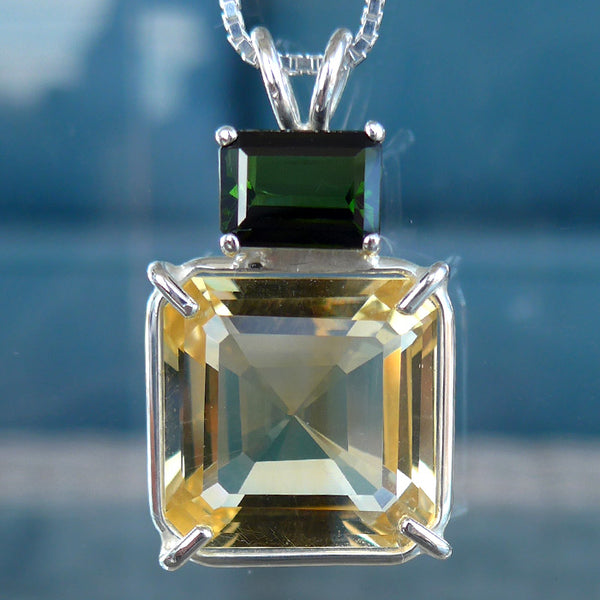 Citrine Earth Heart Crystal with Emerald Cut Green Tourmaline Crown