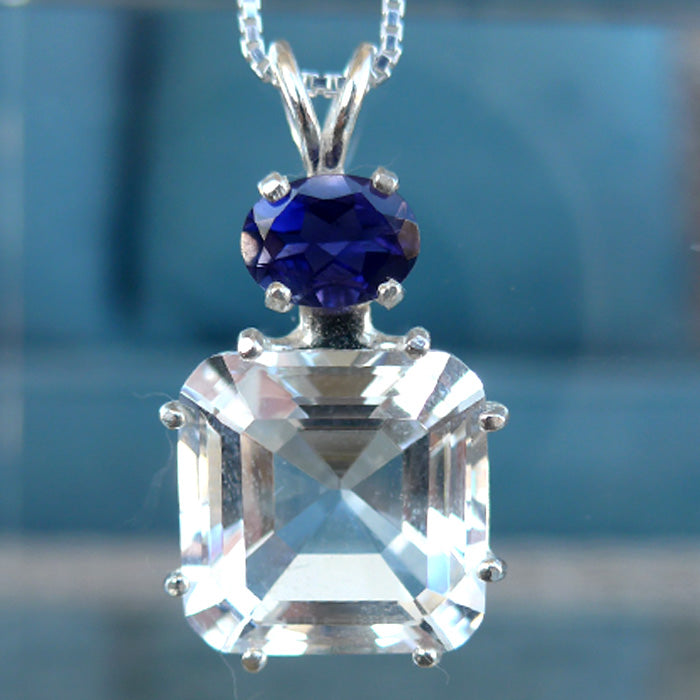 Clear Quartz Earth Heart Pendant with Oval Iolite Crown