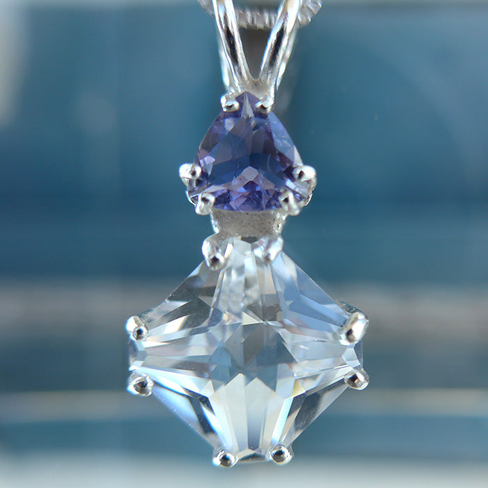Clear Quartz Mini Magician Stone Pendant with Trillion Violet Hued Iolite Crown