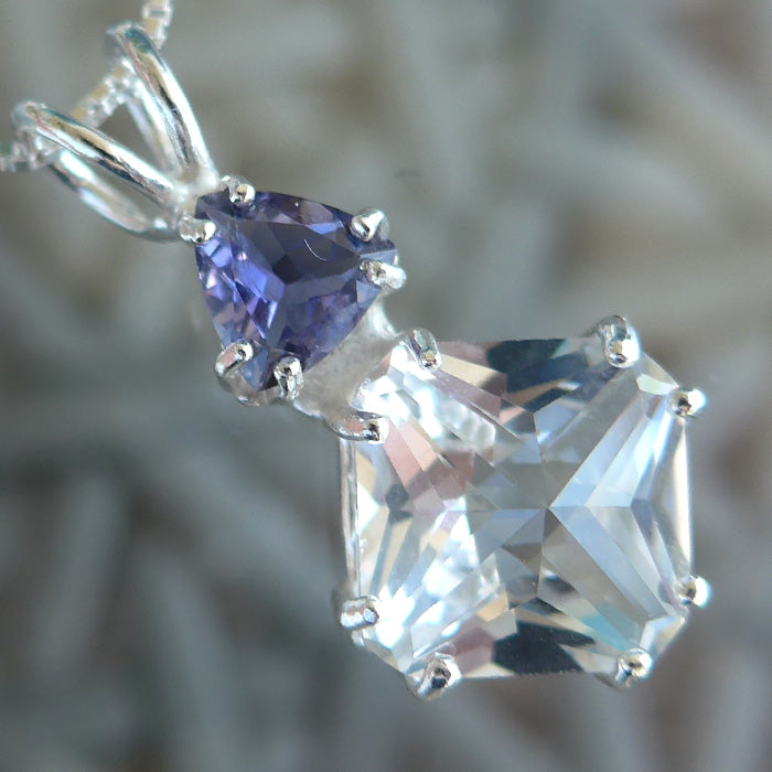 Clear Quartz Mini Magician Stone Pendant with Trillion Violet Hued Iolite Crown