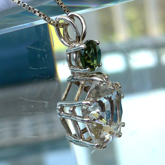 Clear Quartz Star of Venus with Round Moldavite Crown Pendant
