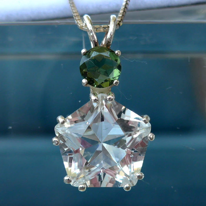 Clear Quartz Star of Venus with Round Moldavite Crown Pendant