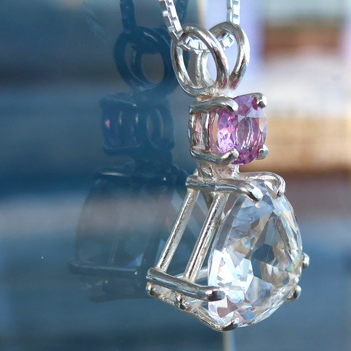 Pink Danburite Trillion Cut Pendant with Pink Sapphire Gemstone Crown
