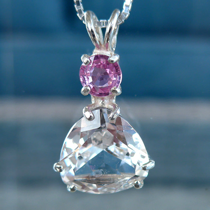 Pink Danburite Trillion Cut Pendant with Pink Sapphire Gemstone Crown