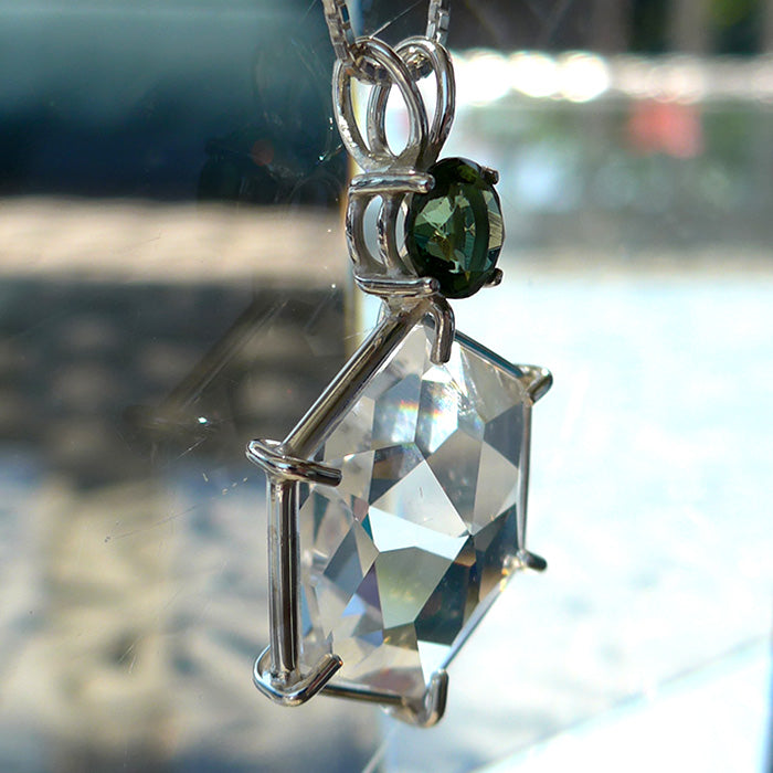 Clear Flower of Life Pendant with Round Moldavite Topstone
