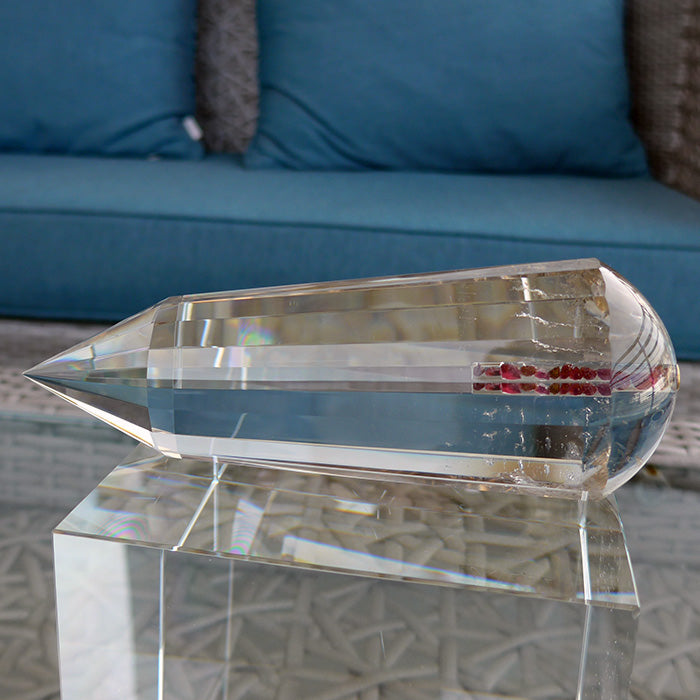 DOUBLE PRICE DROP: 18 Sided Garnet Filled Gold Capped Pale Smoky Quartz Energy Healing Wand