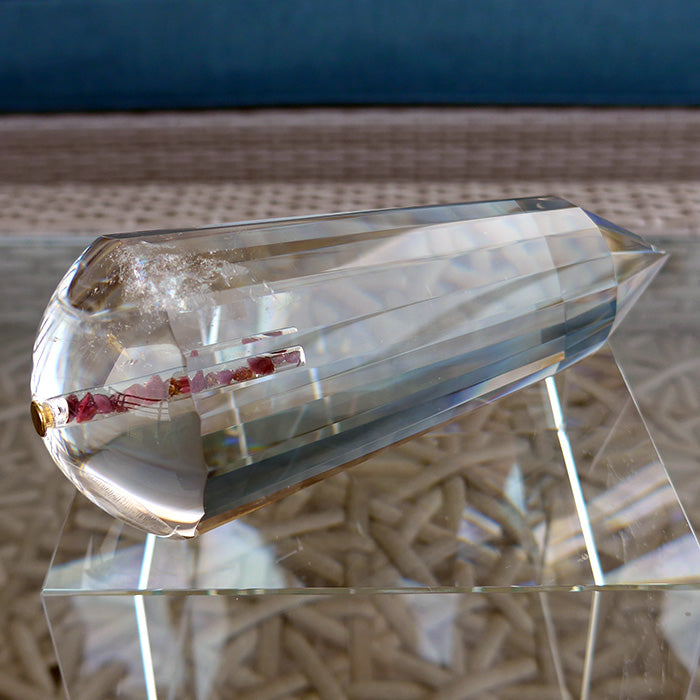 DOUBLE PRICE DROP: 18 Sided Garnet Filled Gold Capped Pale Smoky Quartz Energy Healing Wand