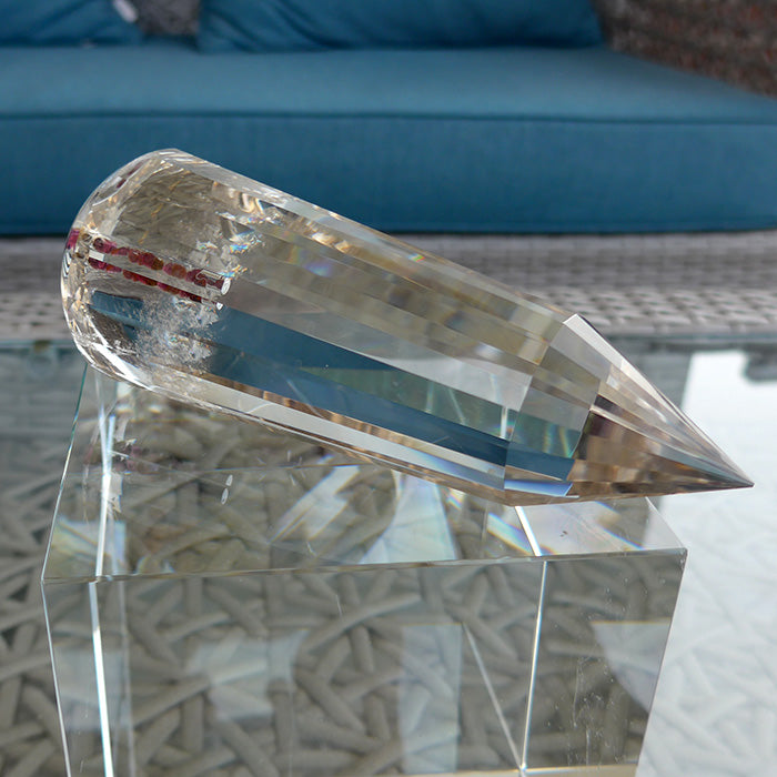 DOUBLE PRICE DROP: 18 Sided Garnet Filled Gold Capped Pale Smoky Quartz Energy Healing Wand