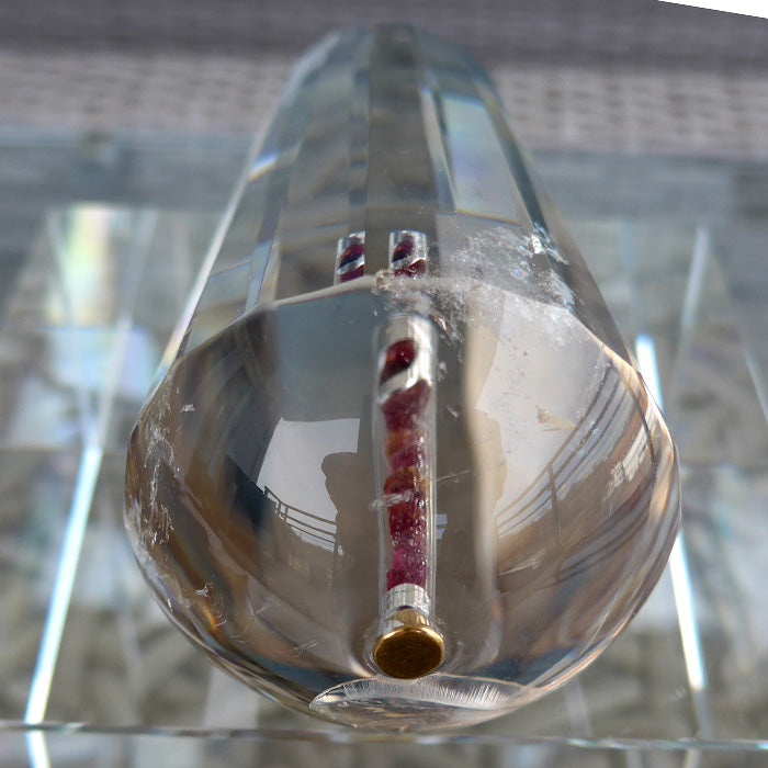 DOUBLE PRICE DROP: 18 Sided Garnet Filled Gold Capped Pale Smoky Quartz Energy Healing Wand