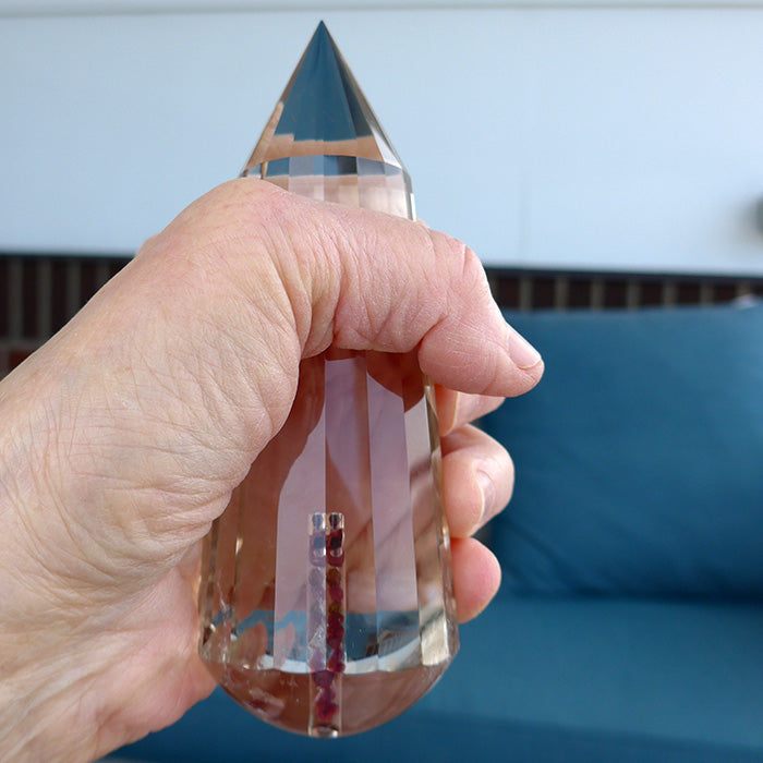 DOUBLE PRICE DROP: 18 Sided Garnet Filled Gold Capped Pale Smoky Quartz Energy Healing Wand