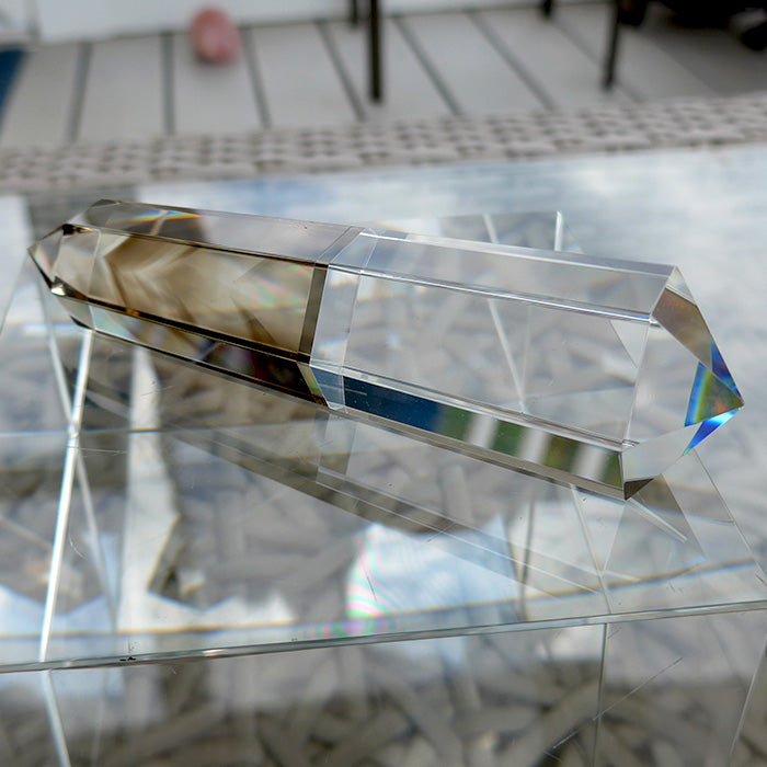 Hexagonal Magic Rainbow Dichroic Glass Smoky Phantom and Lemurian Quartz Vogel Wand by Kings Amao