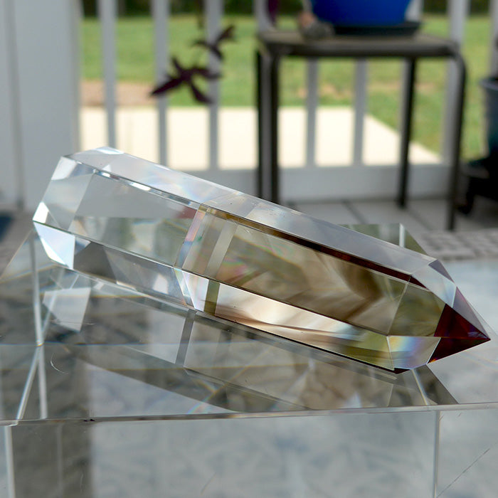 Hexagonal Magic Rainbow Dichroic Glass Smoky Phantom and Lemurian Quartz Vogel Wand by Kings Amao