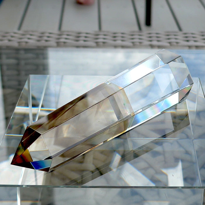 Hexagonal Magic Rainbow Dichroic Glass Smoky Phantom and Lemurian Quartz Vogel Wand by Kings Amao