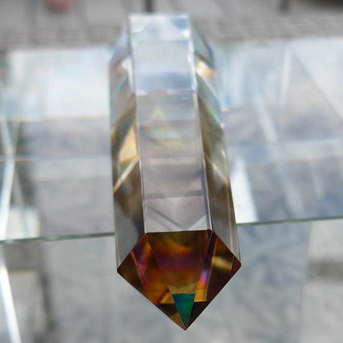 Hexagonal Magic Rainbow Dichroic Glass Smoky Phantom and Lemurian Quartz Vogel Wand by Kings Amao