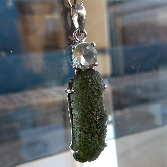 Long Unpolished Moldavite Pendant with Round Libyan Desert Glass Crown