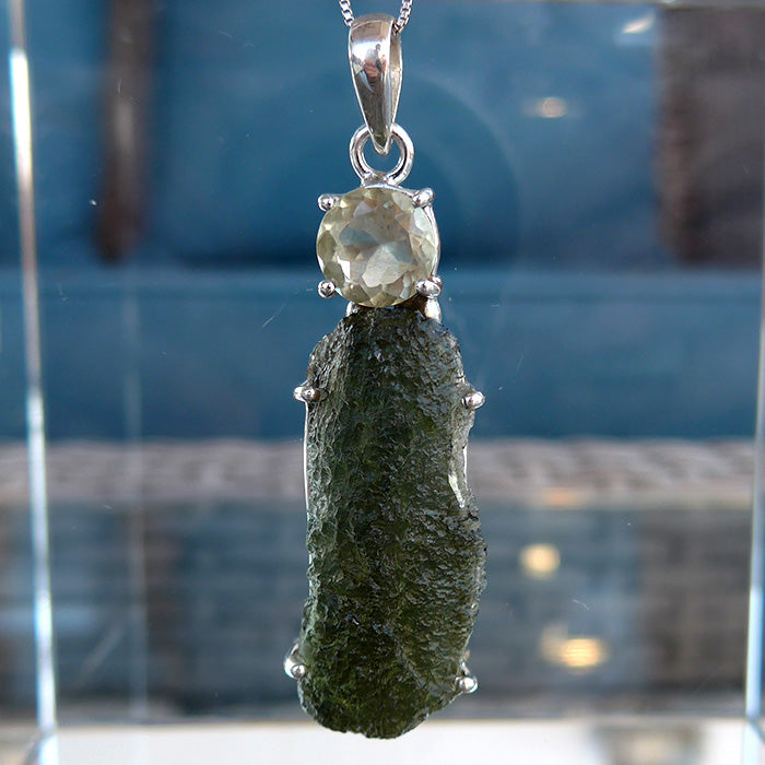 Long Unpolished Moldavite Pendant with Round Libyan Desert Glass Crown