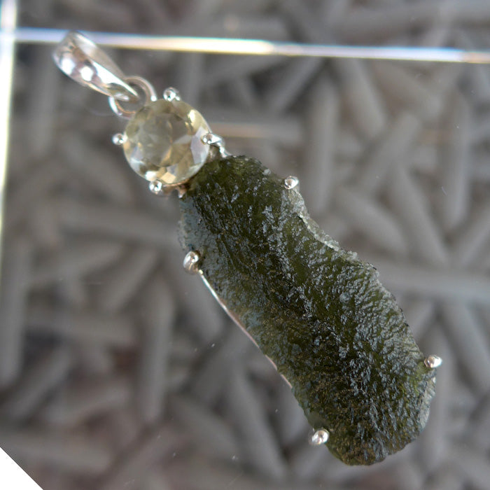 Long Unpolished Moldavite Pendant with Round Libyan Desert Glass Crown