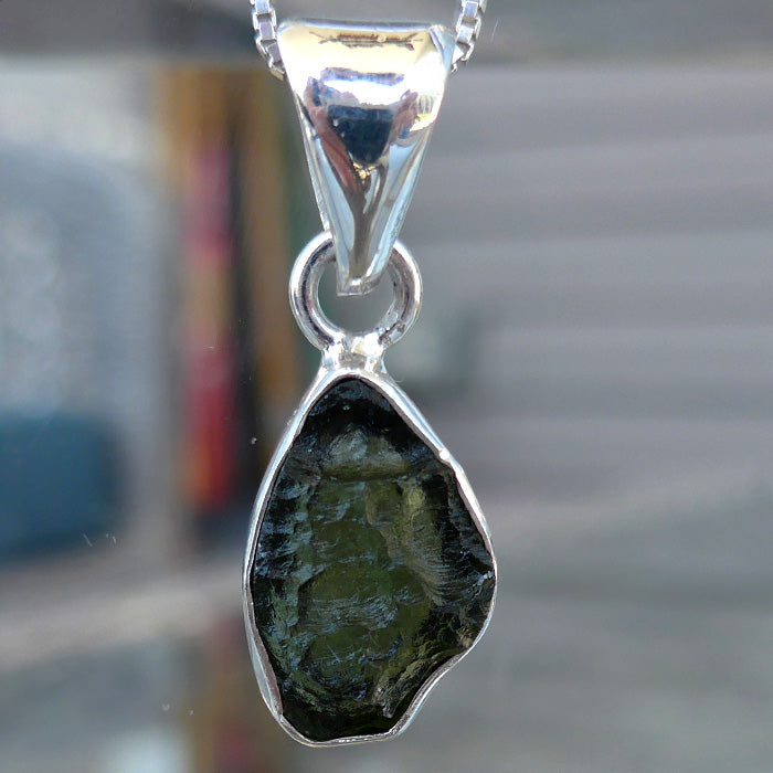 Moldavite Freeform Pendant in Sterling Bezel
