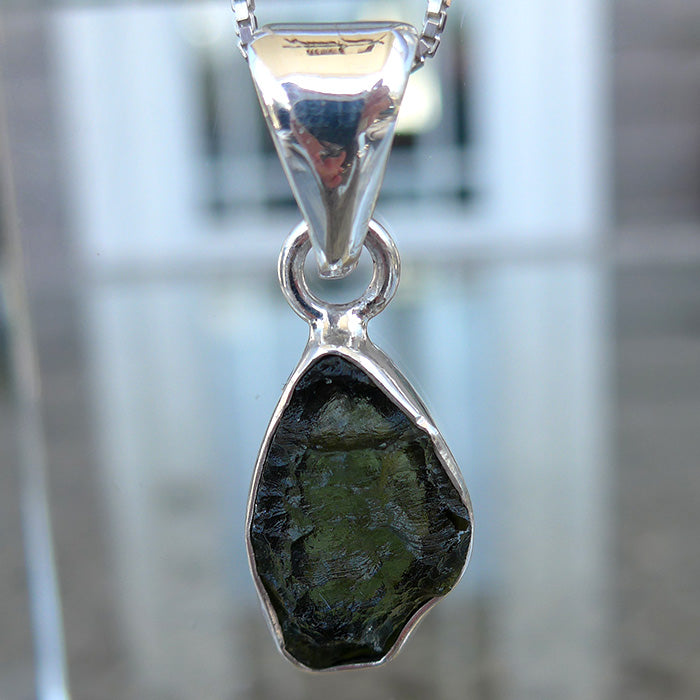 Moldavite Freeform Pendant in Sterling Bezel