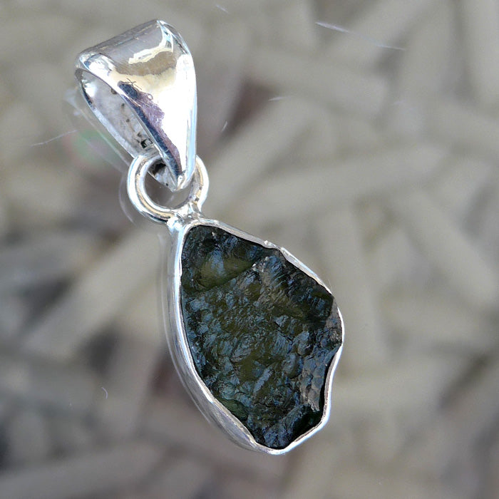 Moldavite Freeform Pendant in Sterling Bezel