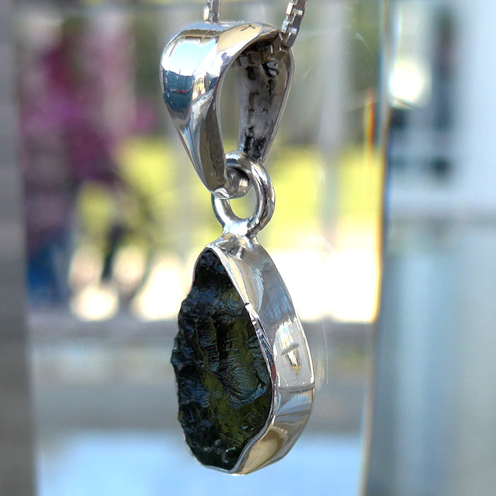 Moldavite Freeform Pendant in Sterling Bezel