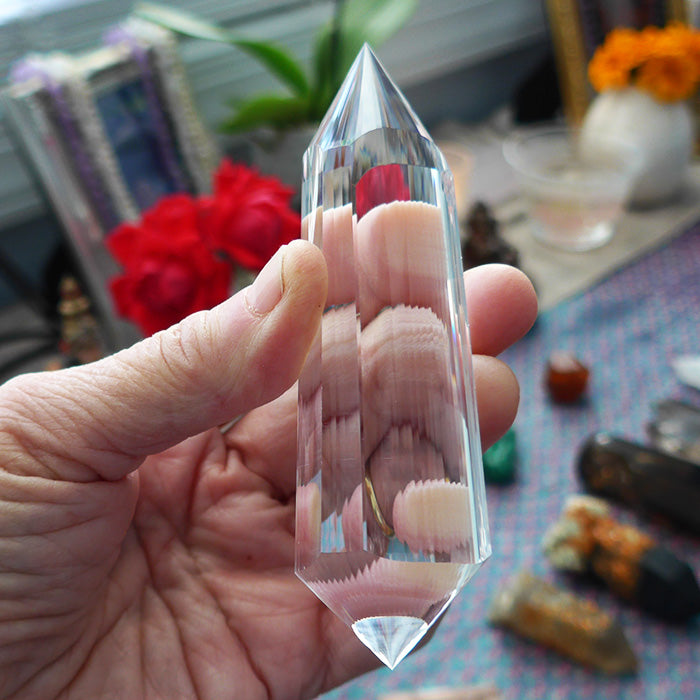 COLLECTOR'S ITEM: Triangular 3 Convex Channel 6 Gate Master Cut 72 Facet Golden Dolphin Osiris Vogel Phi Crystal Healing Wand