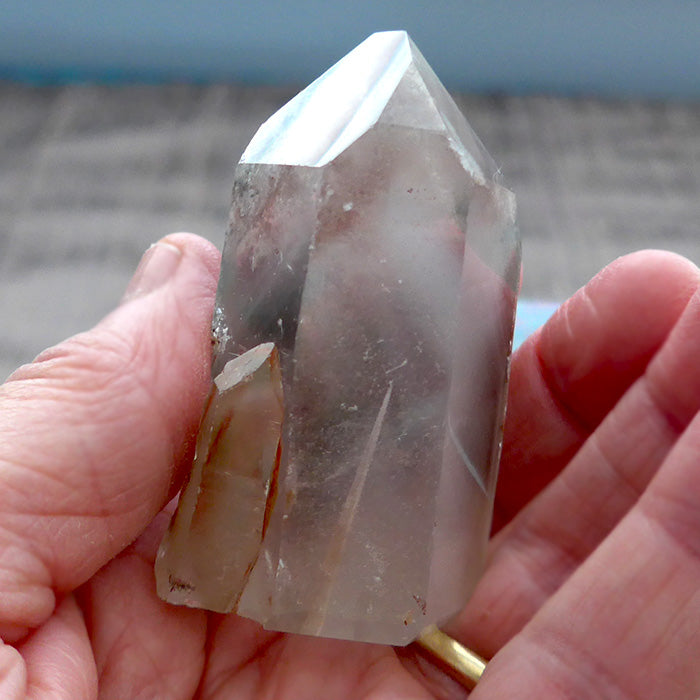Polished Phantom Dream Lemurian Point with Twin and Chlorite
