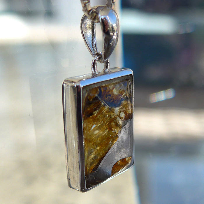 Small Glowing Rectangular Pallasite Pendant