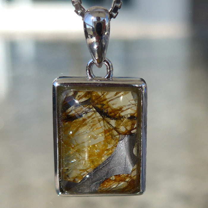 Small Glowing Rectangular Pallasite Pendant