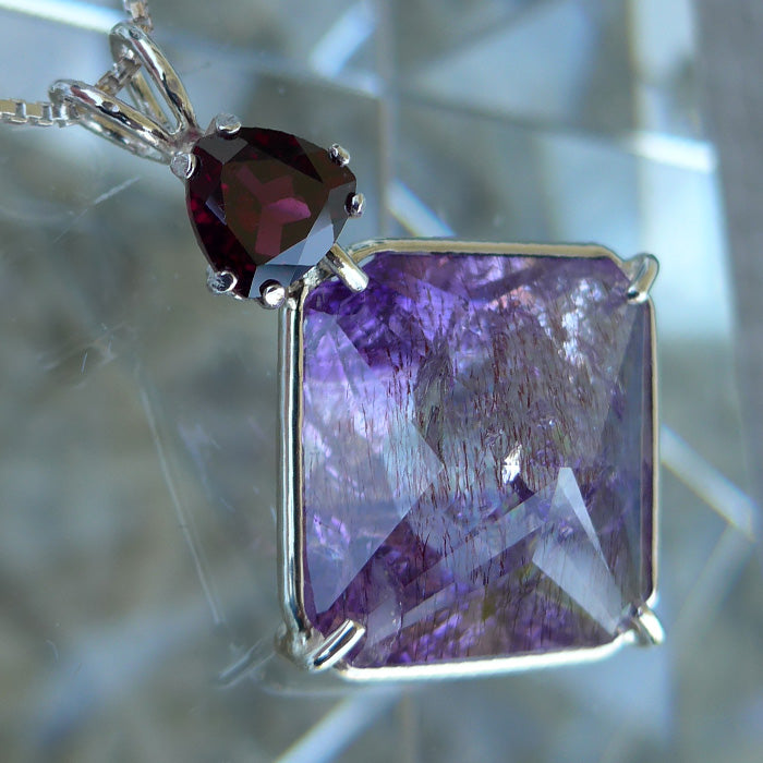 Rutilated Amethyst Magician Stone with Rhodolite Garnet