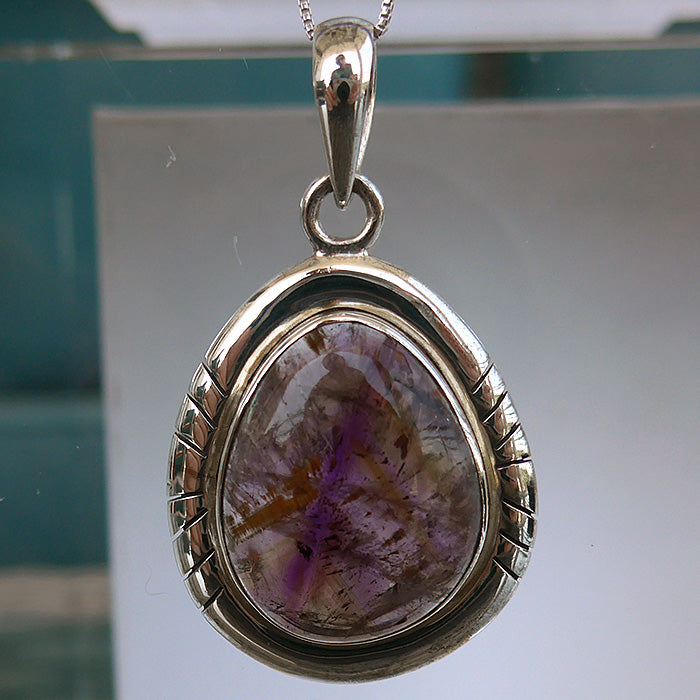 Espiritu Santo Rutilated Amethyst Purple Splash Cabochon Pendant