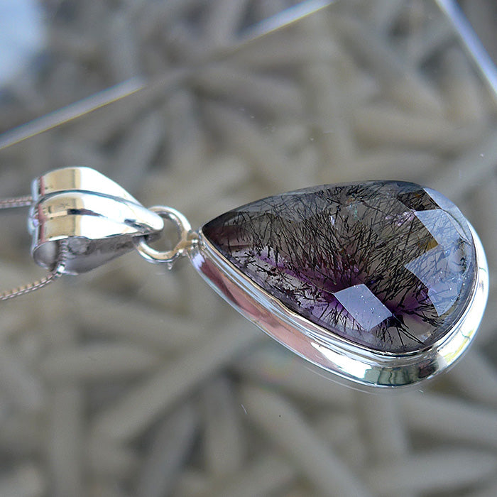 Purple Splash Espiritu Santo Rutilated Amethyst Teardrop Pendant