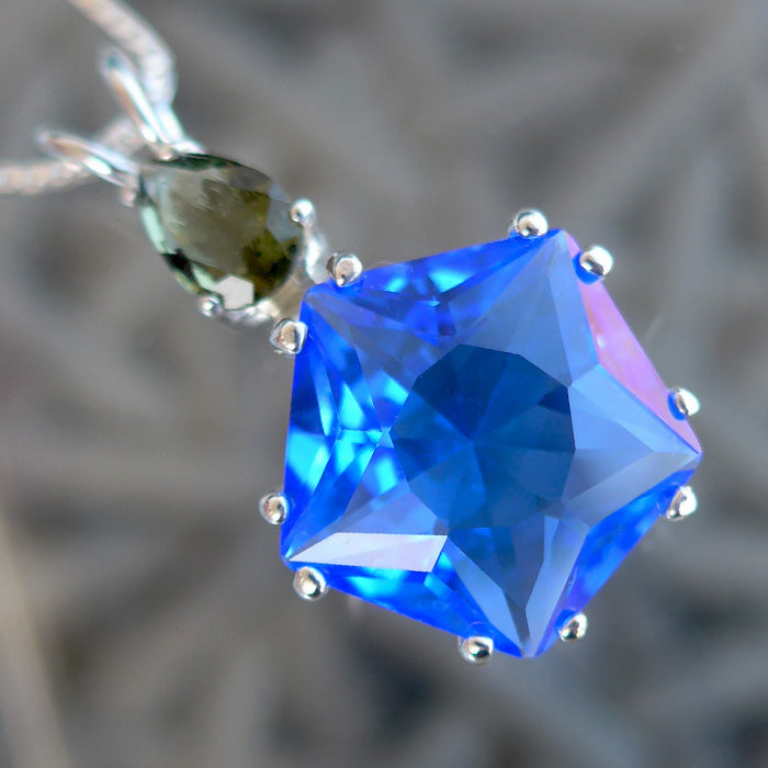 Siberian Blue Quartz Star of Venus with Teardrop Moldavite Crown