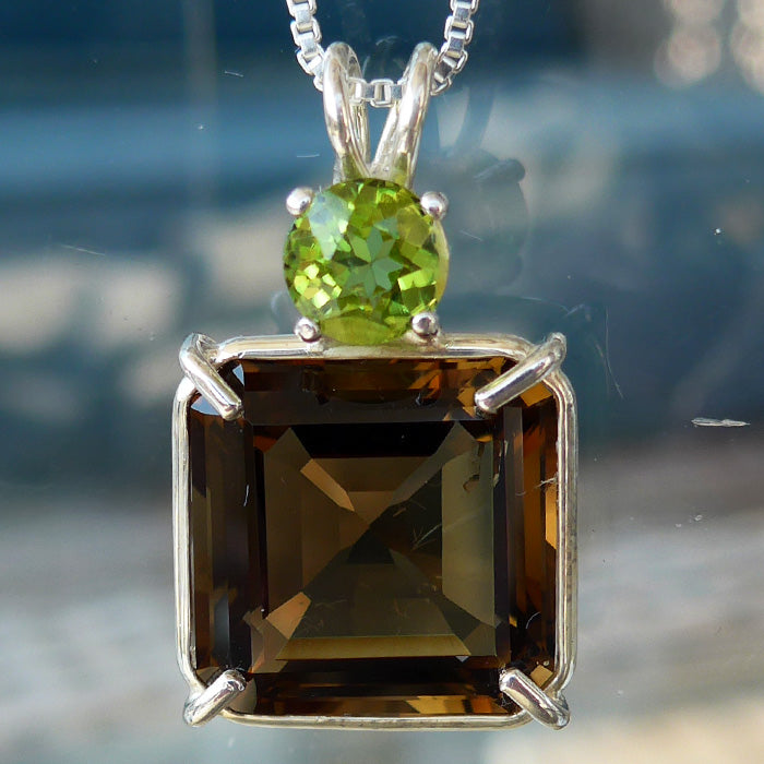 Smoky Earth Heart Pendant with Round Peridot Crown In Prong Setting