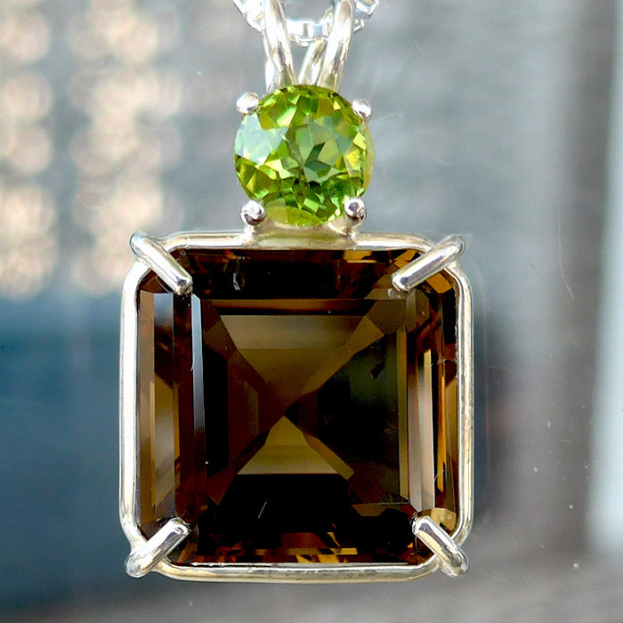 Smoky Earth Heart Pendant with Round Peridot Crown In Prong Setting
