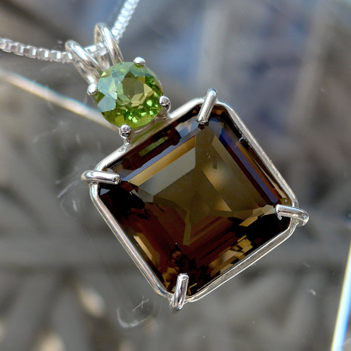 Smoky Earth Heart Pendant with Round Peridot Crown In Prong Setting