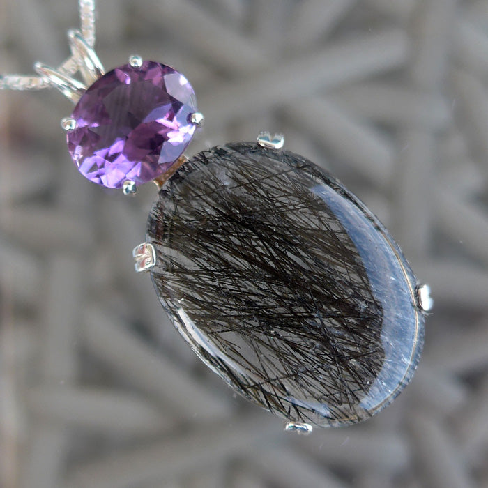 Tourmalinated Quartz Oval Pendant with Oval Amethyst Crown