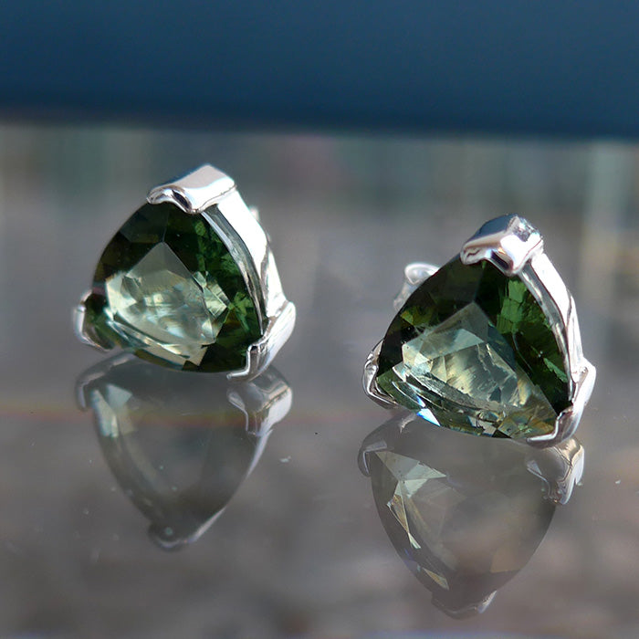 8mm Moldavite Faceted Trillion Post Earrings