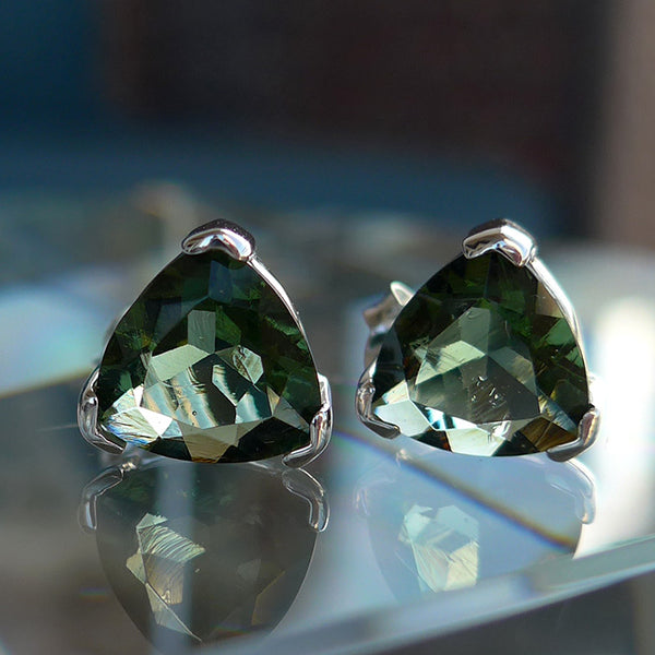 8mm Moldavite Faceted Trillion Post Earrings