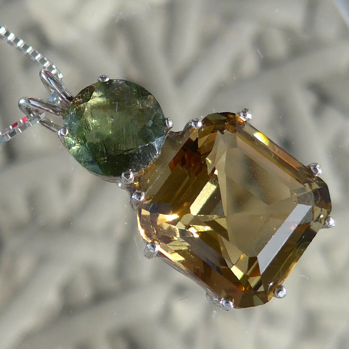 Citrine Earth Heart Pendant with 10 mm Round Moldavite Gemstone