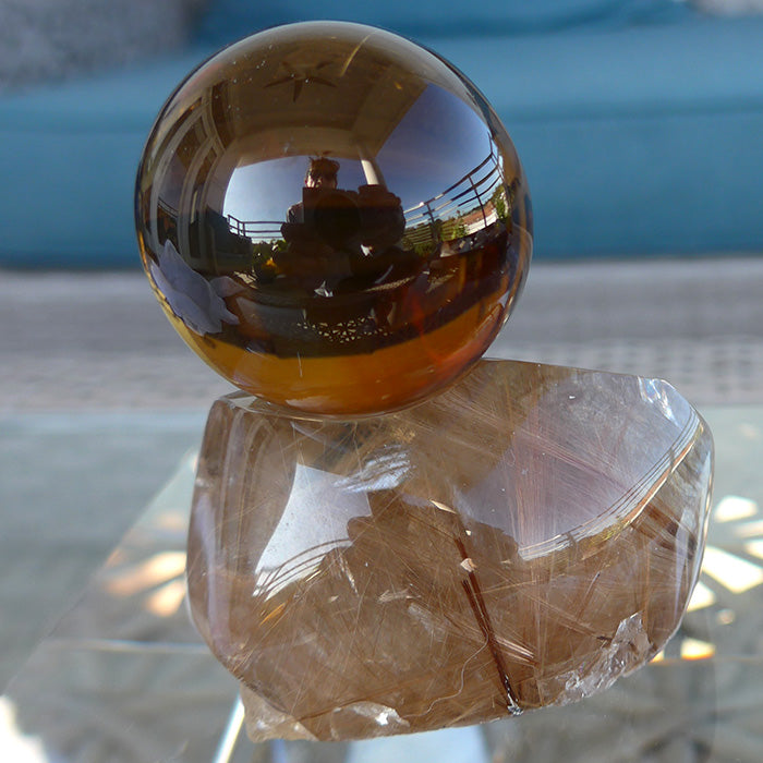 Spinning Smoky Citrine Sphere on Golden Rutile Quartz Base with Huge Manifestation Crystal by Brian Cook