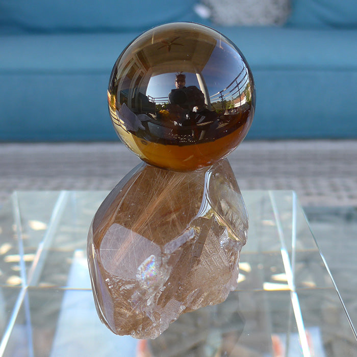 Spinning Smoky Citrine Sphere on Golden Rutile Quartz Base with Huge Manifestation Crystal by Brian Cook