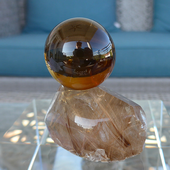 Spinning Smoky Citrine Sphere on Golden Rutile Quartz Base with Huge Manifestation Crystal by Brian Cook