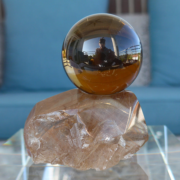 Spinning Smoky Citrine Sphere on Golden Rutile Quartz Base with Huge Manifestation Crystal by Brian Cook