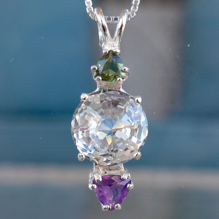 Clear Quartz Mini Radiant Heart with Trillion Amethyst and Moldavite