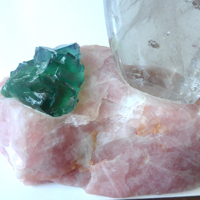 Clear Flame Lamp in Rose Quartz Base with Green Fluorite