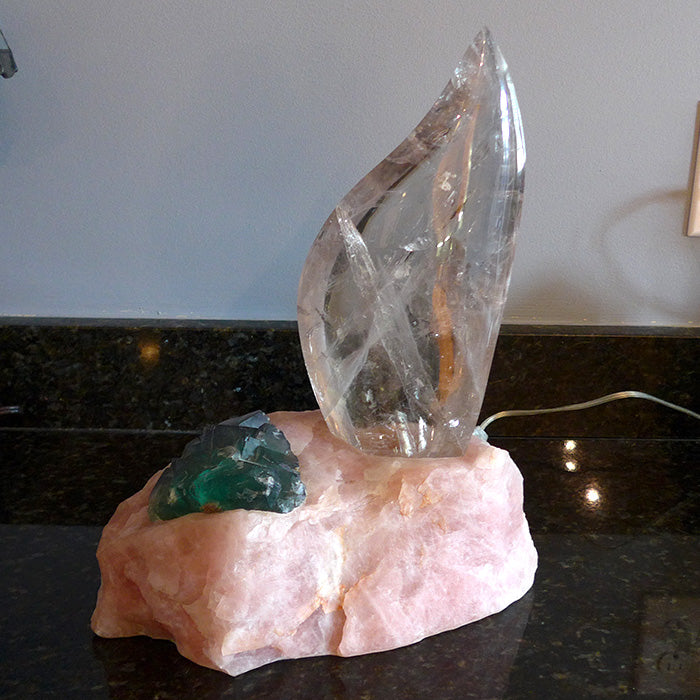 Clear Flame Lamp in Rose Quartz Base with Green Fluorite