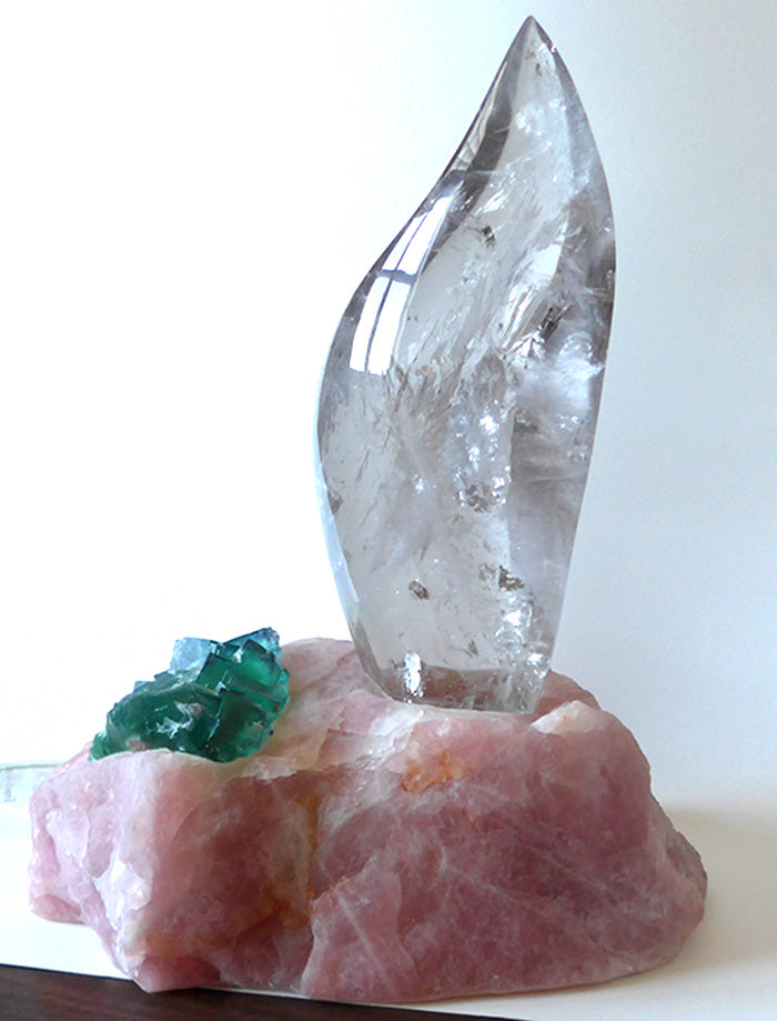 Clear Flame Lamp in Rose Quartz Base with Green Fluorite