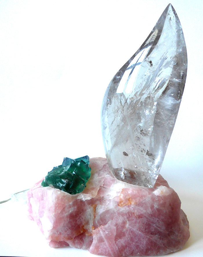 Clear Flame Lamp in Rose Quartz Base with Green Fluorite