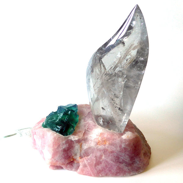 Clear Flame Lamp in Rose Quartz Base with Green Fluorite